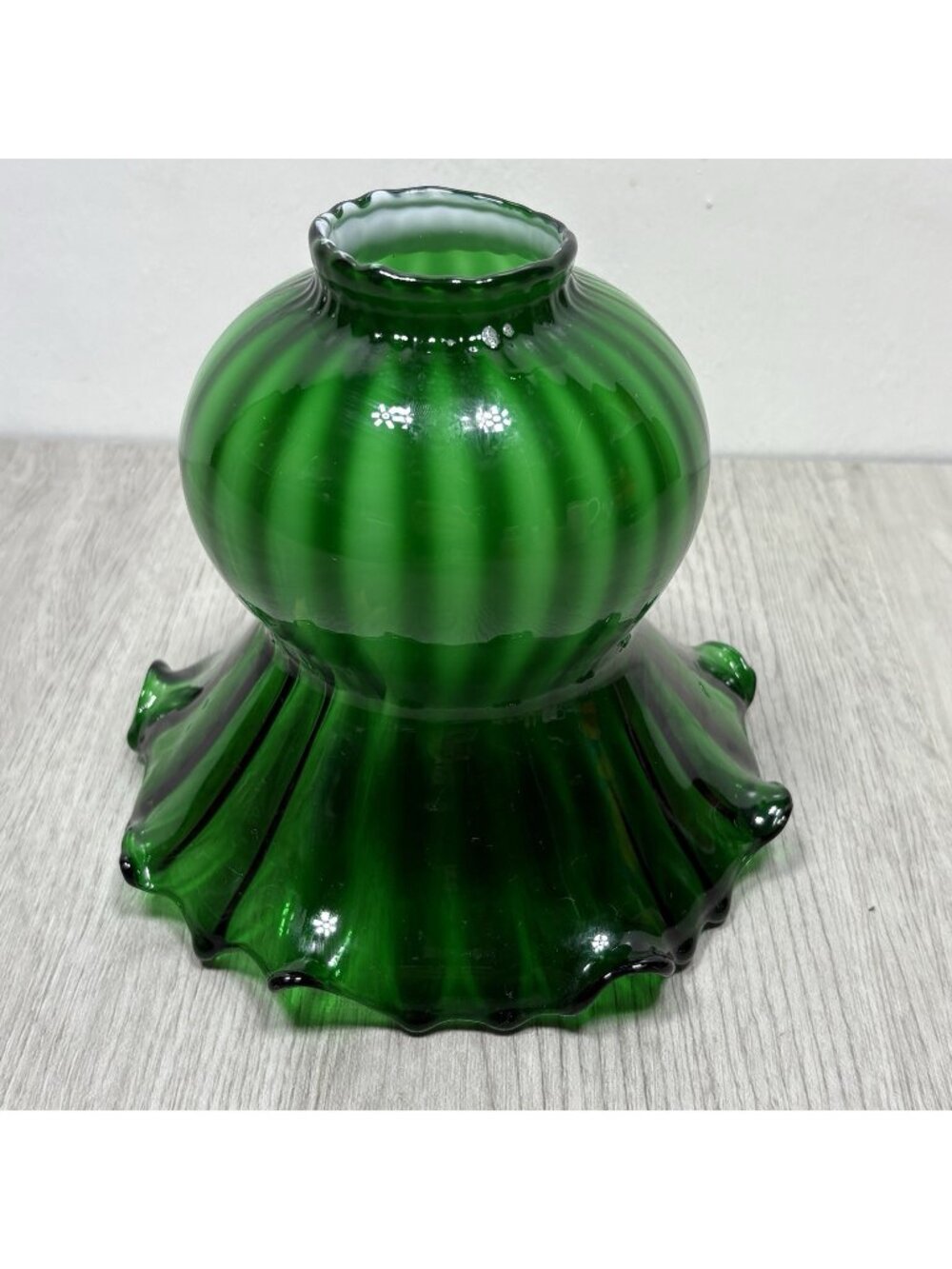1900s Victorian EMERALD GREEN Watermelon STRIPED Cased Glass RUFFLED LAMP SHADE